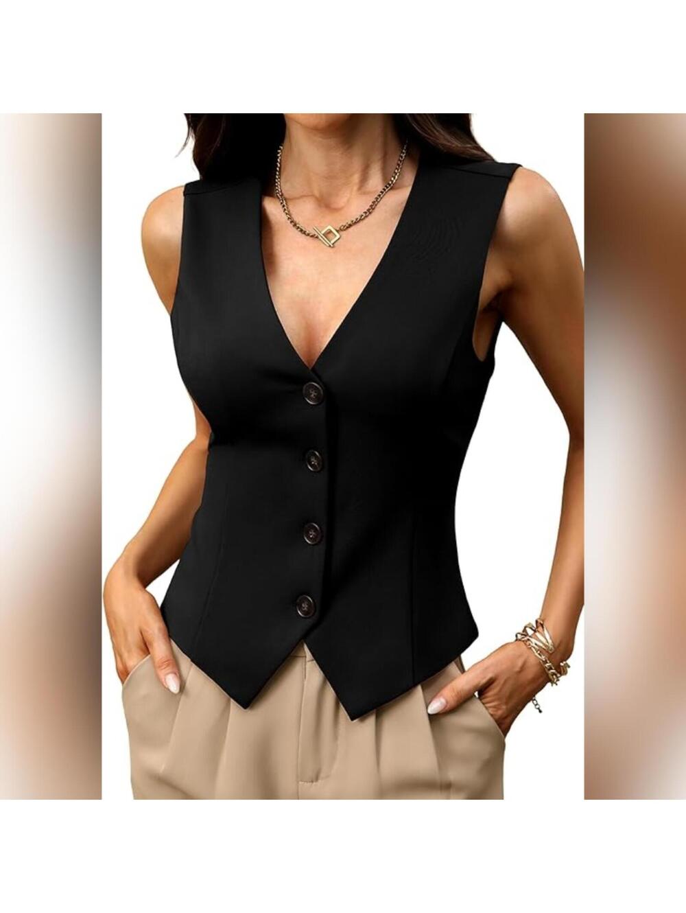NWT ELLEVEN Stretchy Knit V Neck Sleeveless Button Down Vest Top, XS
